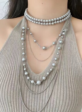 个性重工灰白珍珠多层链条锁骨链法式复古时尚ins风小众项链新款
