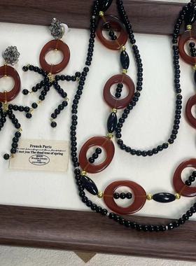 甜酷轻奢树脂椭圆黑色多层串珠项链耳环欧美时尚高级感抽拉饰品女