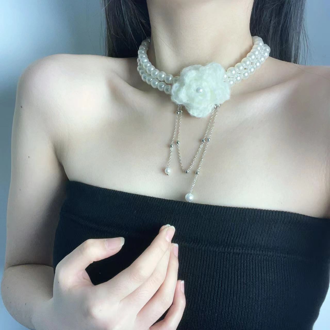 甜美淑女毛线花朵流苏双层珍珠项链超仙小清新少女感时尚锁骨链女