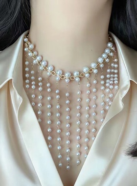 时尚轻奢气质白色珍珠流苏锁骨链法式复古优雅淑女高级感项链爆款