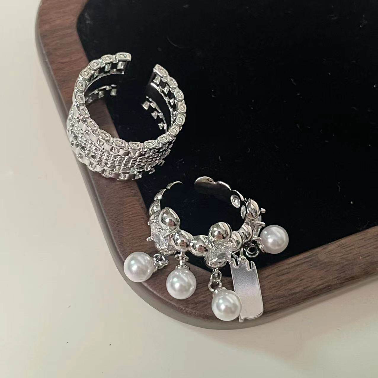 时尚通勤珍珠流苏宽版编织开口戒指精致ins冷淡风轻奢高级指环戒