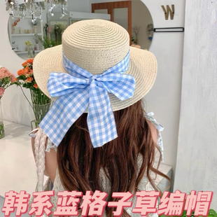 韓系平邊草編帽格子防曬帽草帽海邊度假少女防紫外線陽光遮陽拍照