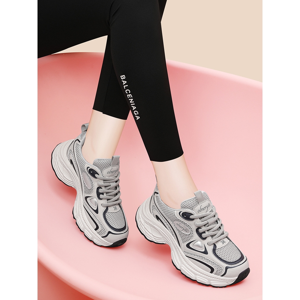 2025春秋冬季加绒新款真皮老爹鞋增高厚底女鞋爆款网面休闲运动鞋