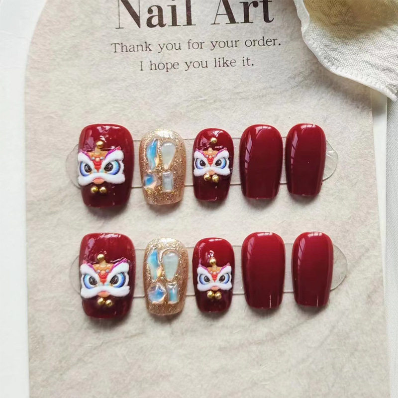 穿戴甲手工甲片成品ins风高级感酒红狮子美甲贴片可拆卸女指甲片