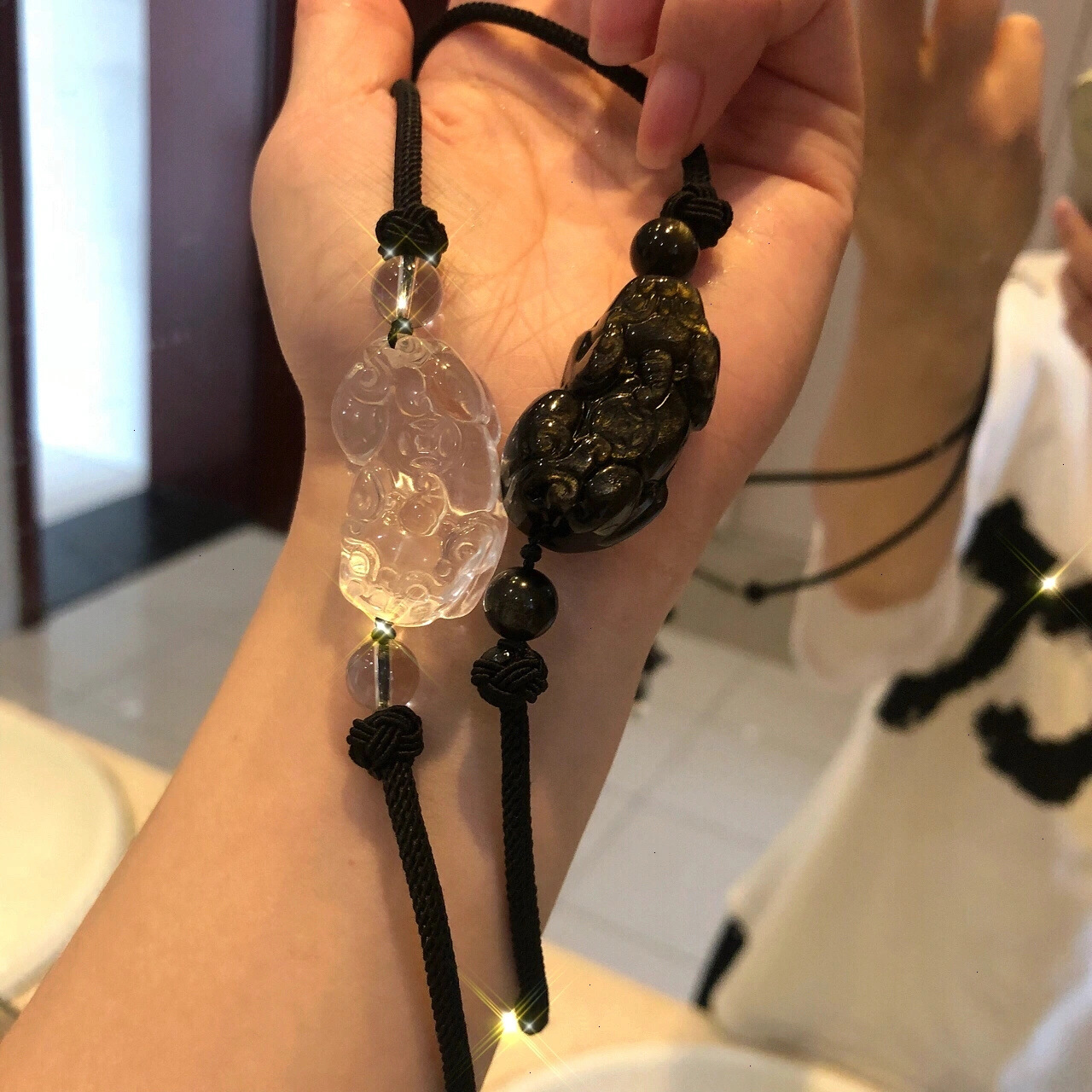 彩眼黑曜石情侣貔貅项链