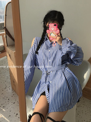 New Korean retro stripe off shoulder design with waist rope to show thin loose shirt