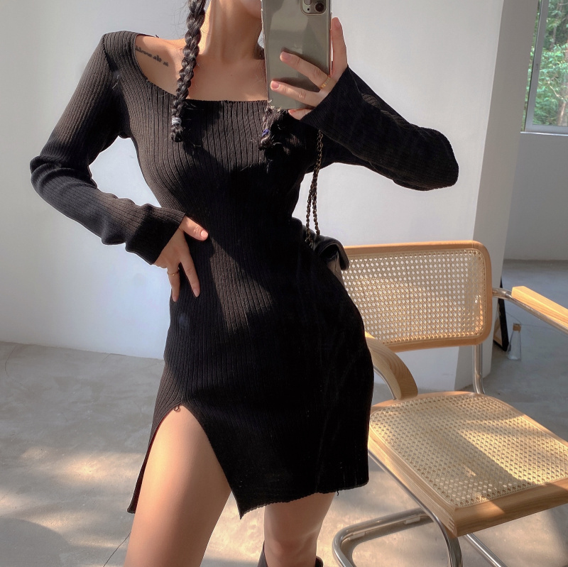 Hong Kong style individual square collar pure color knitted dress with easy to wear and slim women's slim fit 2 color real price