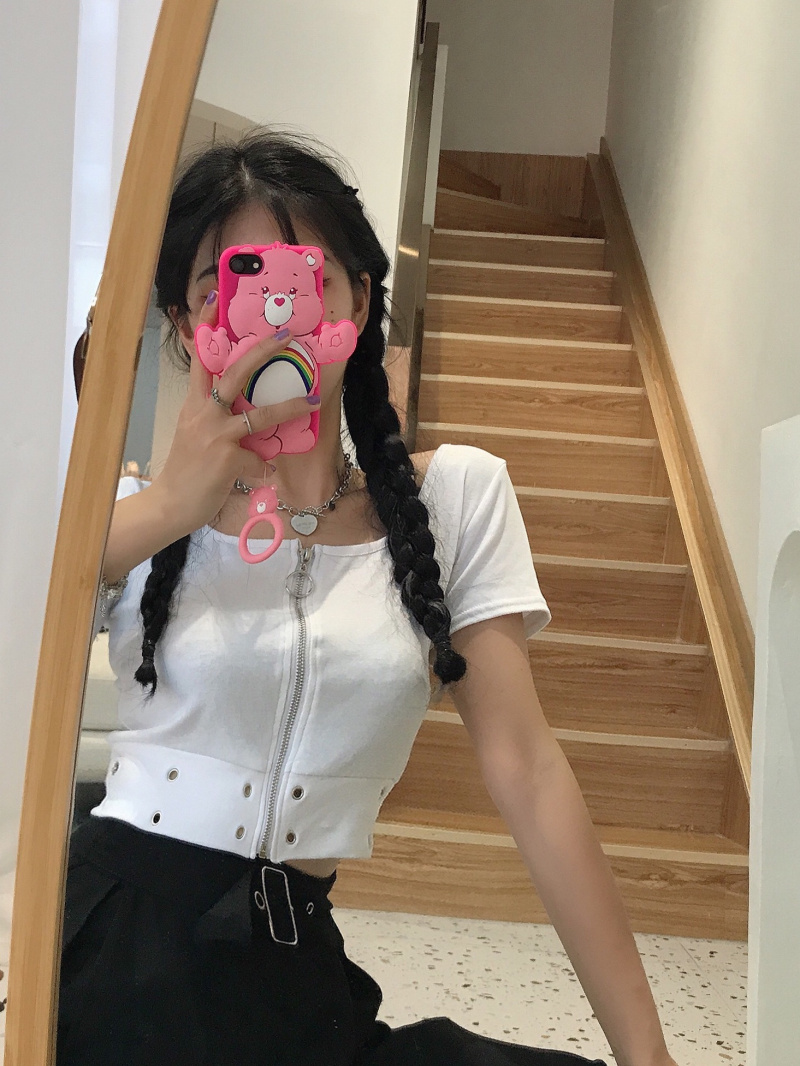 Sweet SA new hot girl zipper metal button show thin short T-shirt real price