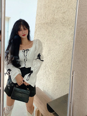 Korean style retro butterfly bandage square collar waist shirt top real shot