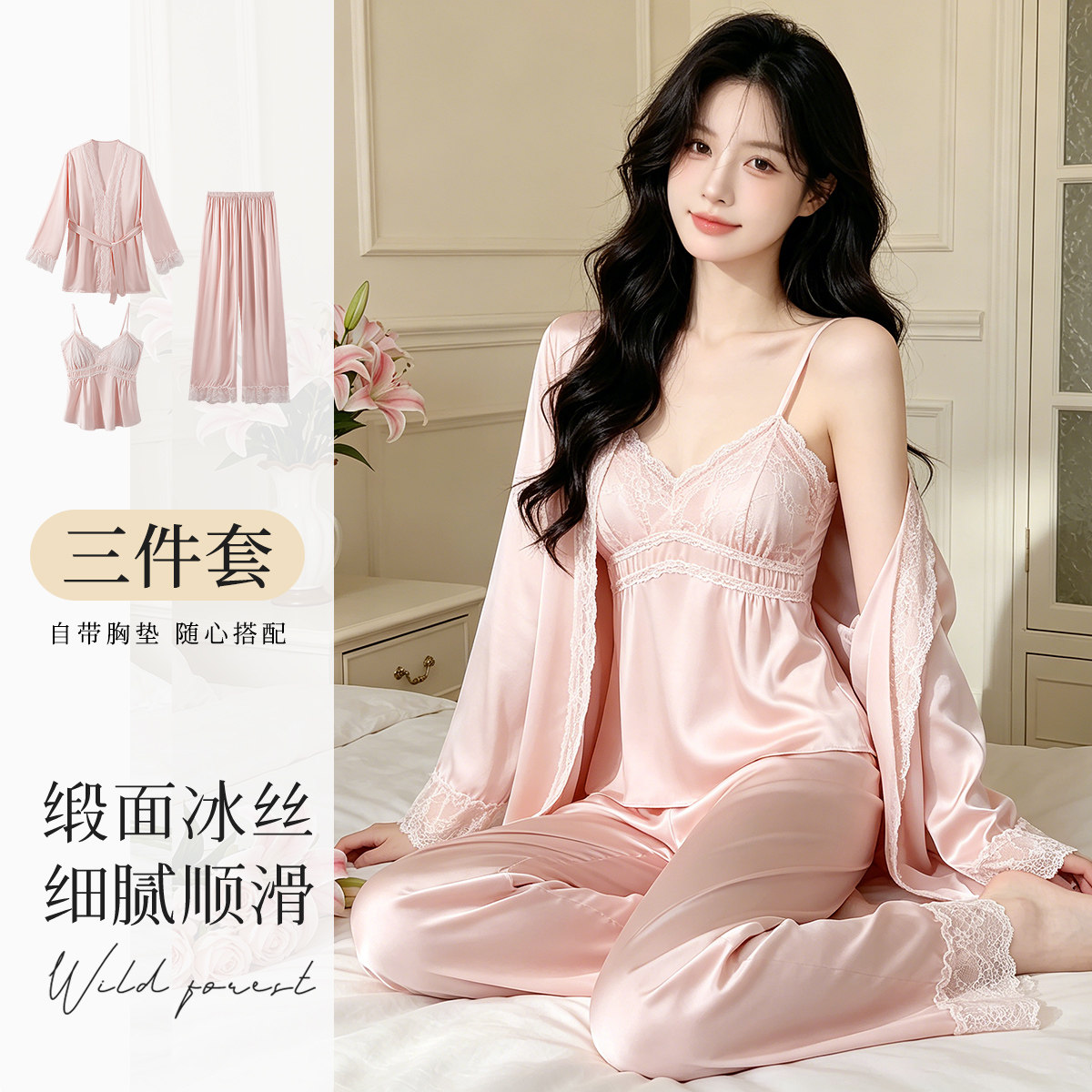 梦芭蒂冰丝睡衣女三件套蕾丝吊带带胸垫薄款家居服套装可外穿