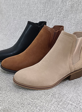 外贸春秋单靴法式英伦风粗跟切尔西瘦瘦时装靴短靴女鞋 F4665