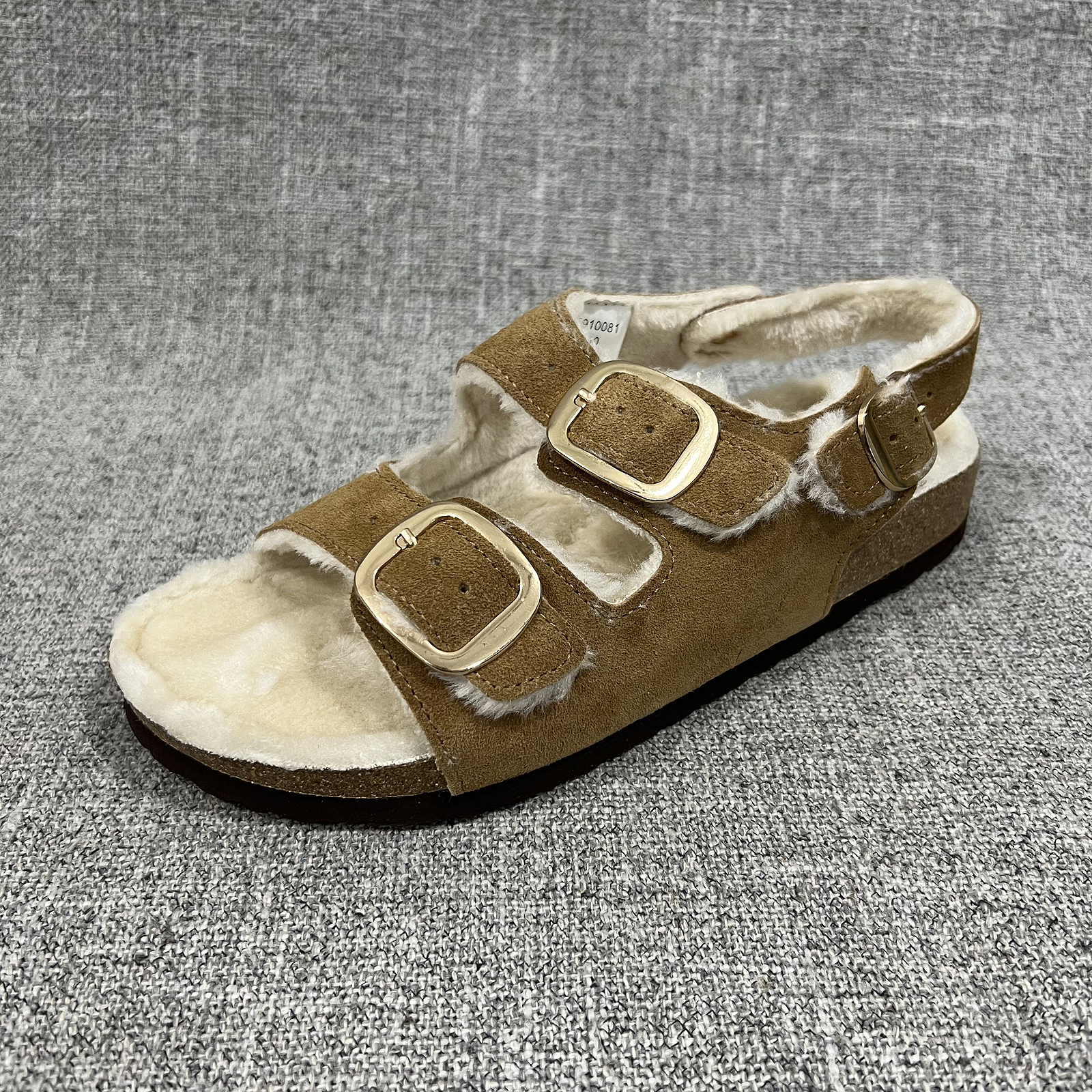 外贸冬季内里加毛保暖女款博肯绒面革毛毛鞋外穿软木拖鞋 T4319