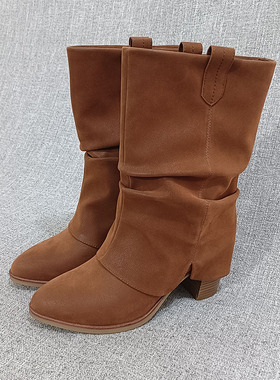 外贸尖头粗跟中筒靴大码女靴女鞋复古时装靴套筒款 F4640显瘦款