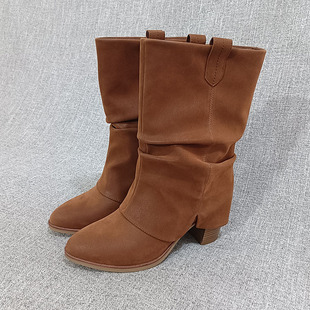 外贸尖头粗跟中筒靴大码女靴女鞋复古时装靴套筒款 F4640显瘦款
