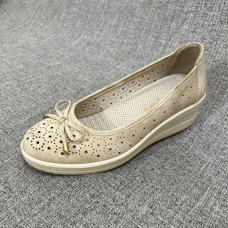 外贸简约蝴蝶结坡跟厚底春秋女单鞋舒适镂空大码女鞋 F5383
