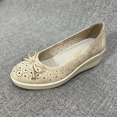 外贸简约蝴蝶结坡跟厚底春秋女单鞋舒适镂空大码女鞋 F5383