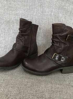 外贸真皮粗跟中跟女鞋百搭短靴牛皮单靴 瑕疵款 F702