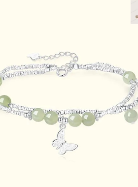 s925纯银碎银蝴蝶和田玉手链复古新中式国潮小众设计双层手串