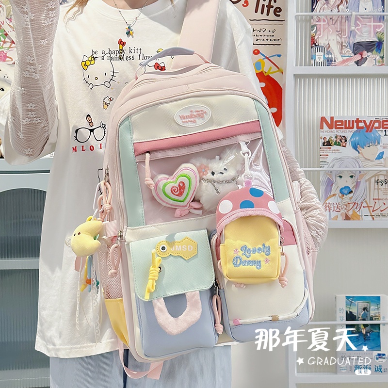 学院风新款撞色卡通双肩背包
