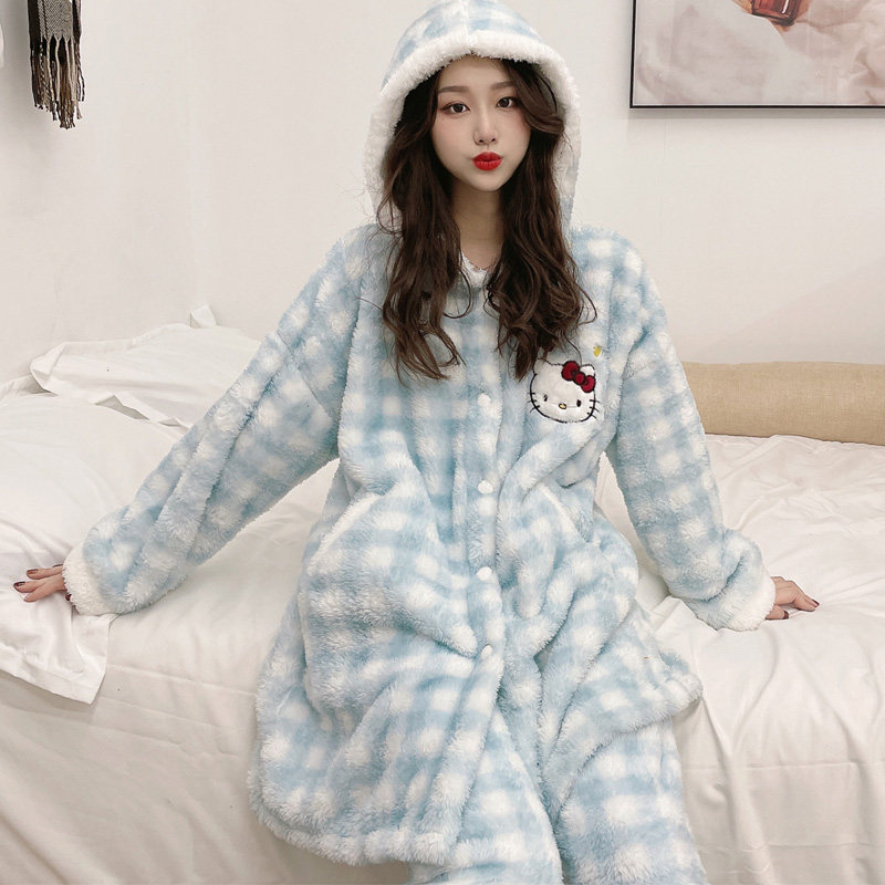 珊瑚绒可爱卡通KT猫睡袍女连帽冬季长袖法兰绒套装可爱睡衣家居服