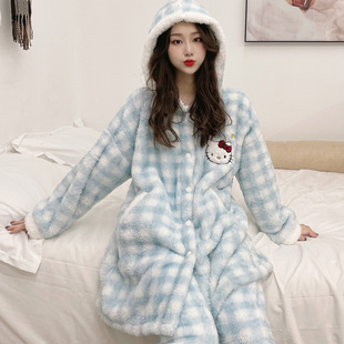 珊瑚绒可爱卡通KT猫睡袍女连帽冬季长袖法兰绒套装可爱睡衣家居服