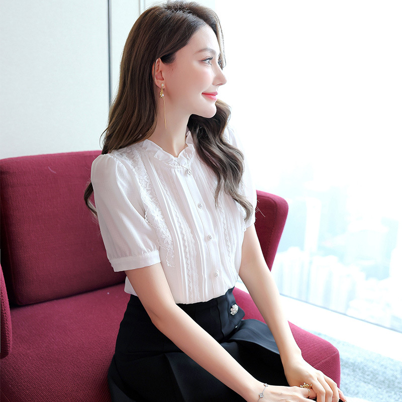 thumbnail for MAry White Sweet Stand Collar Ruffle Chiffon Shirt 2025 Summer New Lace Fashion Elegant Temperament Shirt