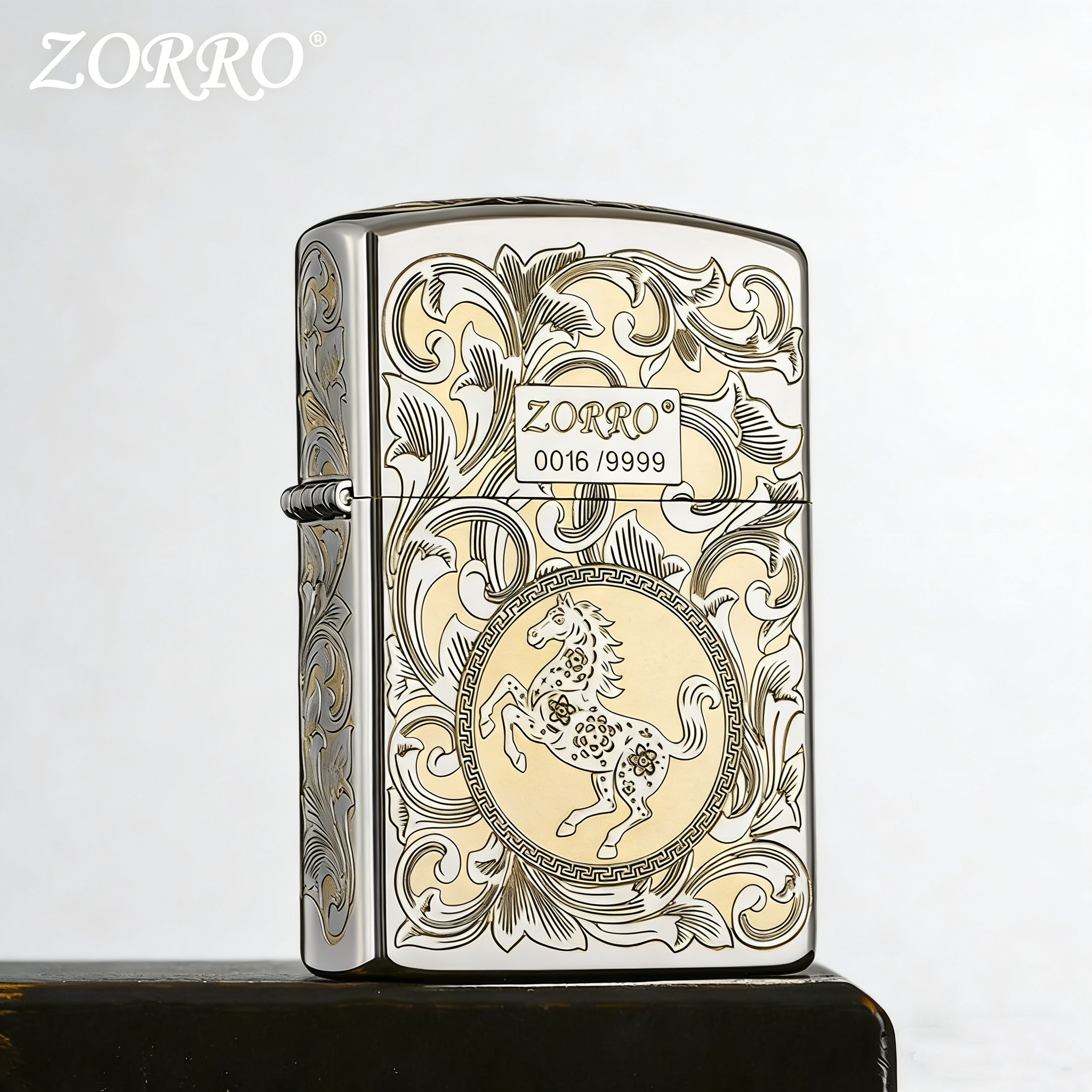 ZORRO佐罗煤油打火机唐草马银色高级感防风火机中国风限量版礼物 - 实物图