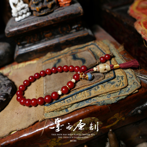 「墨白」神级 朱砂供菩提根正圆设计款小单圈手链手串手饰
