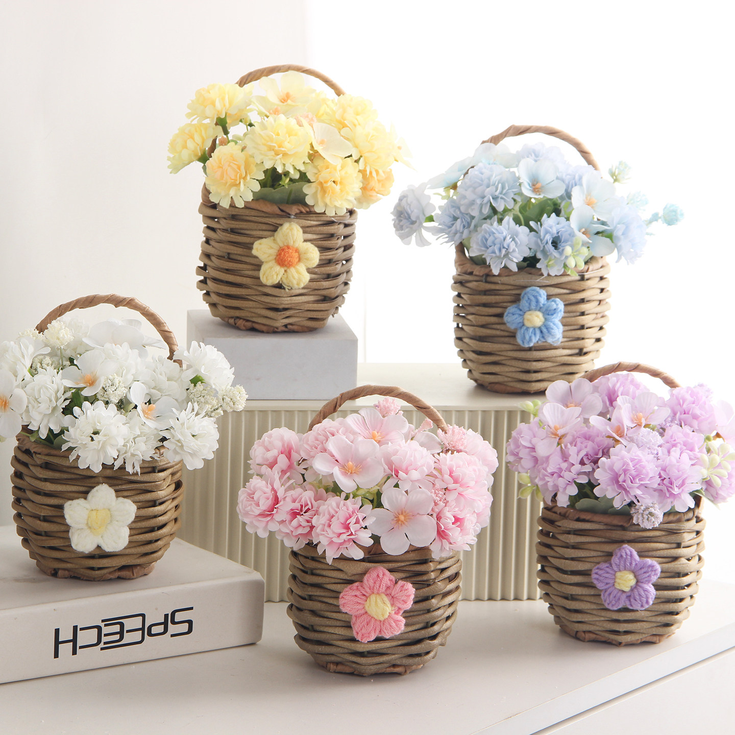 简约仿真绣球花束编织花篮家居装饰摆件田园风假花多色手提小盆栽图片