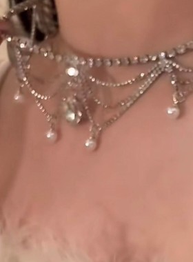 晚宴公主 银色水滴珍珠项链高级感宴会晚礼服超闪颈链小众设计感