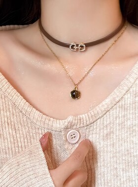 太阳花皮绳双层项链复古美拉德小众高级感毛衣链卫衣链配饰