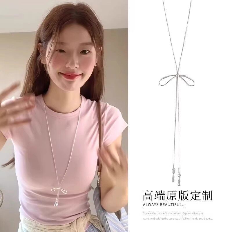 甜美简约抽拉蝴蝶结项链女款韩系小众设计长款卫衣链配饰百搭新款