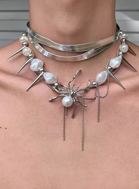 异形蜘蛛朋克多层项链y2k亚文化女夸张铆钉辣妹流苏项圈锁骨链
