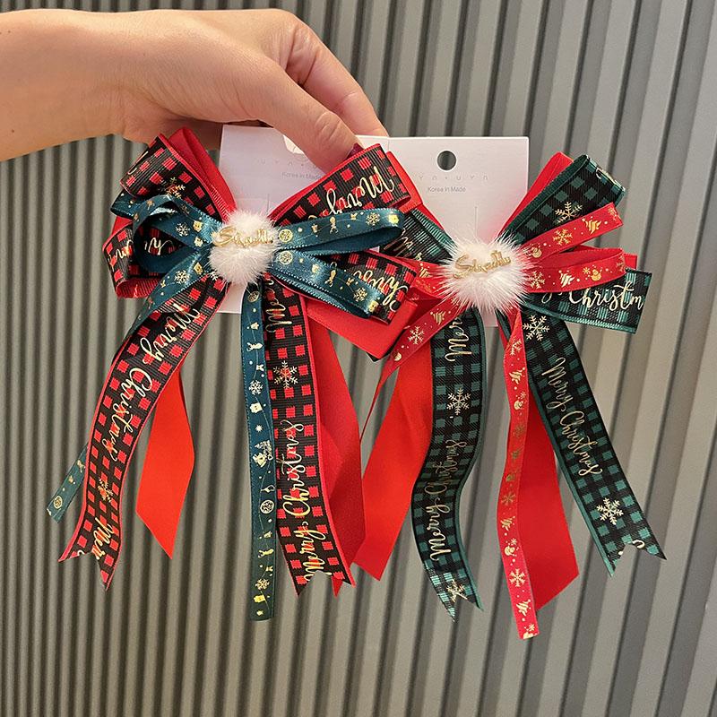 红绿色格子蝴蝶结发夹水貂毛发卡