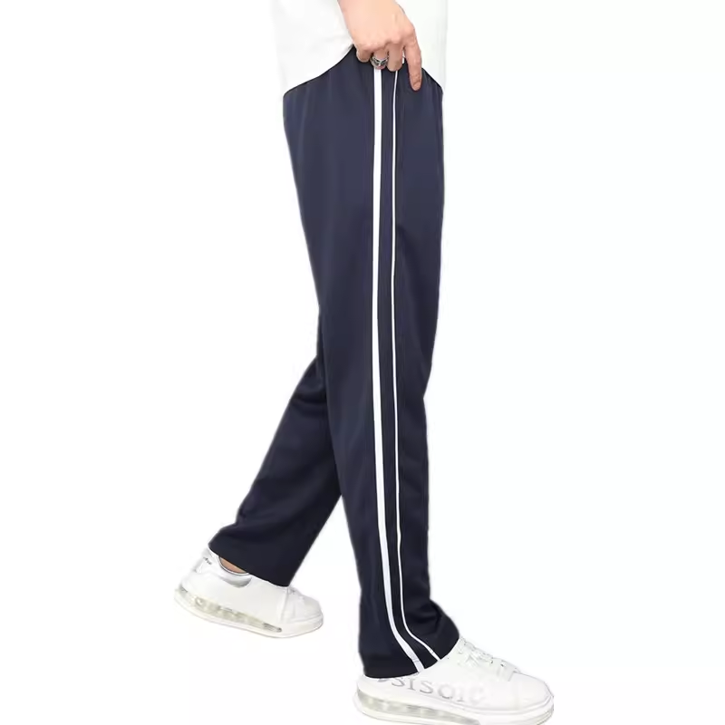 春夏秋聚酯纤维藏蓝白细条加白杠直筒初高中运动校服裤子宽松定制