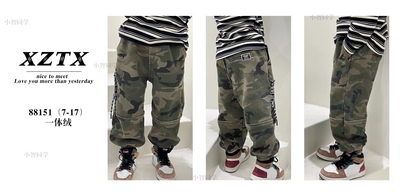 小智同学一体绒迷彩工装裤秋冬男女中大童拼接松紧脚口88151