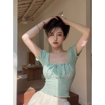 纯欲性感甜辣妹设计感小众独特别致短款短袖t恤针织衫方领上衣夏