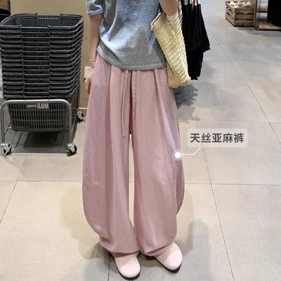 粉色亚麻天丝阔腿裤女夏薄款2025新款高腰垂感休闲拖地气球弯刀