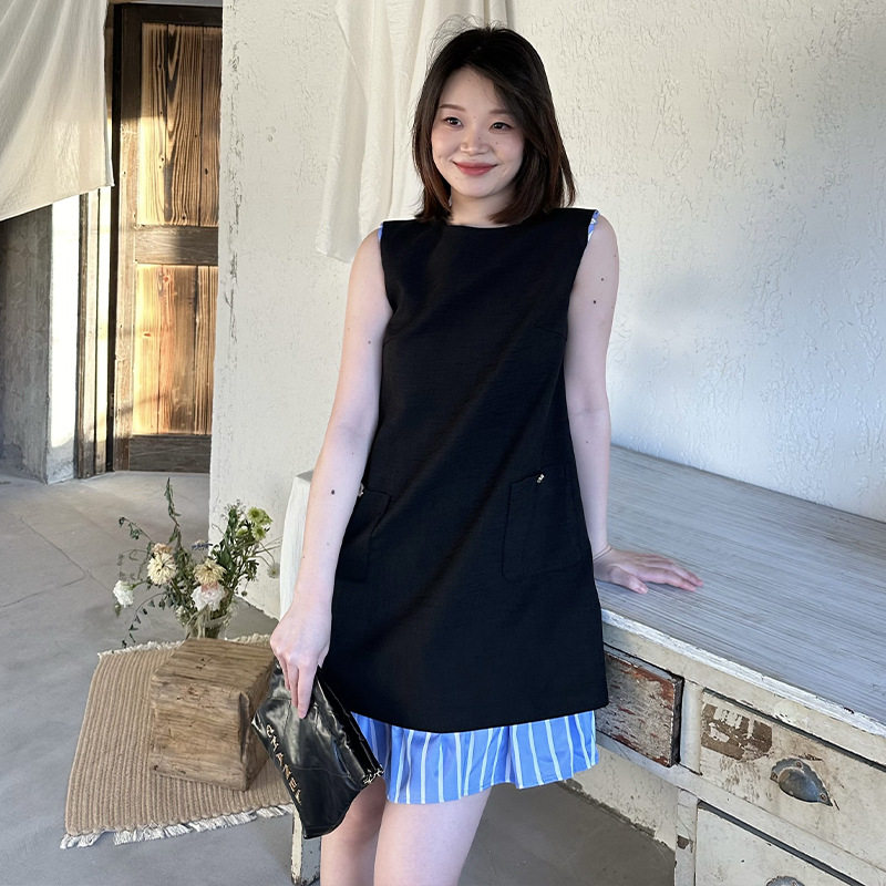 连衣裙女夏感度假气质撞色条纹拼接设计感a字裙子 无袖连衣裙