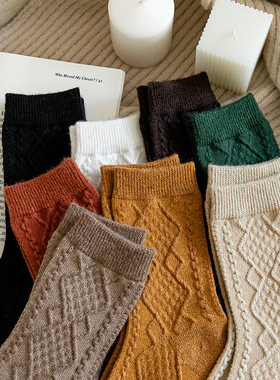 ins风经典暗花羊毛袜女日系新品纯色浮雕女士中筒袜时尚保暖女袜