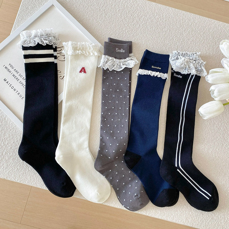 美式学院风长筒袜女甜美jk蕾丝花边中筒堆堆袜ins风韩版小腿袜子