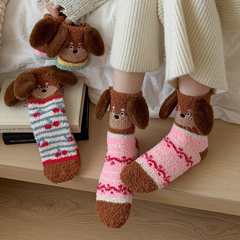 可爱毛绒珊瑚绒袜子女腊肠狗大耳朵日系地板袜冬季保暖居家睡觉袜,女士内衣/男士内衣/家居服,中筒袜,淘宝优惠券,粉丝福利购,淘宝优惠卷