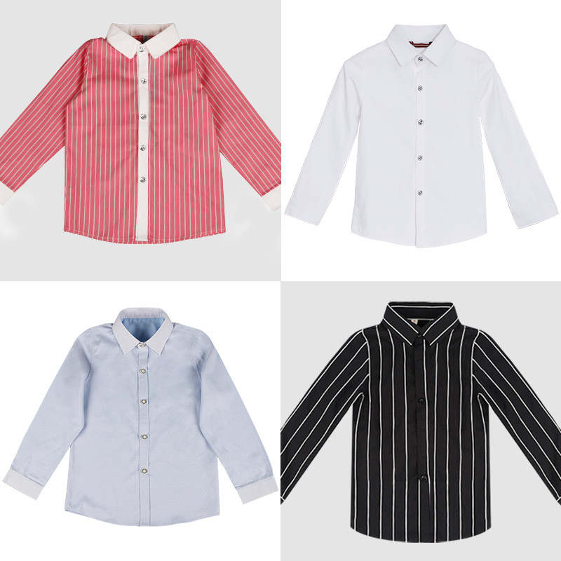 儿童长袖衬衫宝宝加绒学生黑白色条纹衬衫男孩女童春秋款纯棉衬衣
