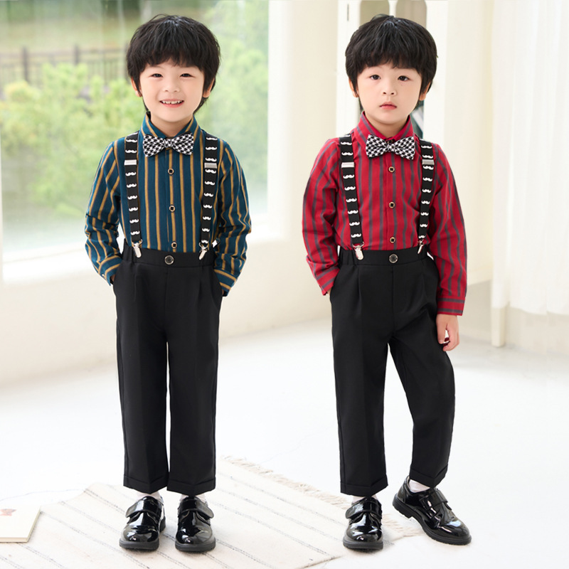 男童礼服秋季韩版条纹长袖背带裤套装中小童主持人合唱花童演出服