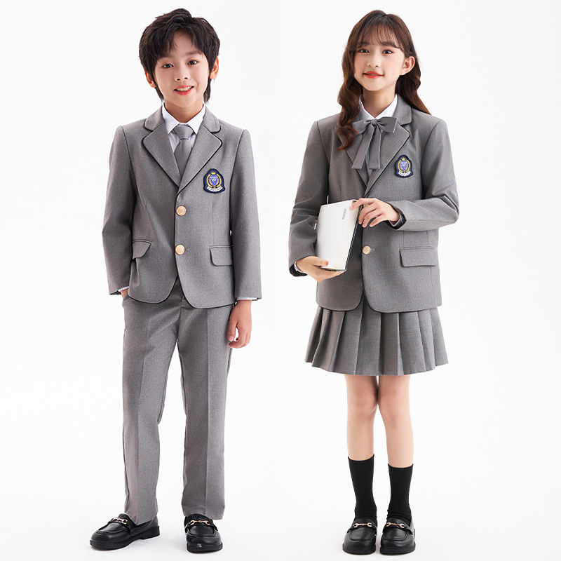 春夏新品小学生校服男女童学院风西服班服灰色套装六一节目表演服