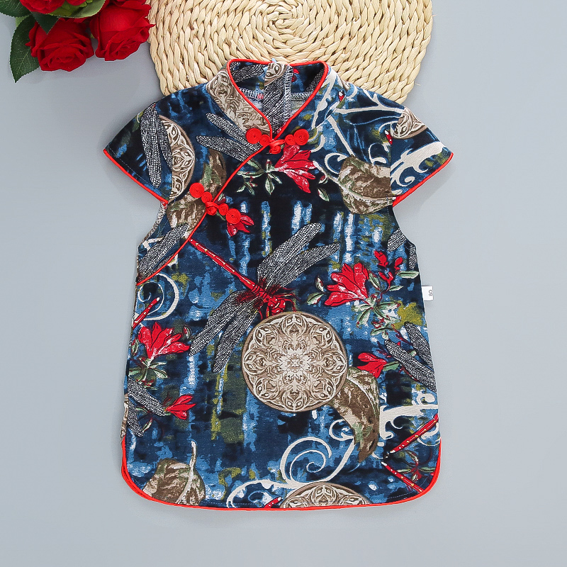 女童夏季新款旗袍裙中国风连衣裙女宝宝唐装裙复古洋气短袖汉服裙