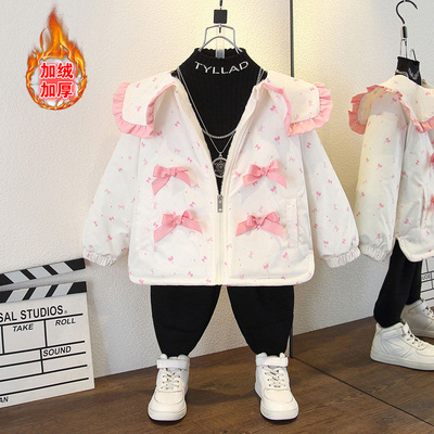 小女孩秋冬装棉服女童韩版时尚蝴蝶结印花花边翻领宽松加绒外套潮