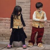 儿童汉服唐装 男女童复古国风提花旗袍宝宝夹棉背心年服 马甲秋冬款