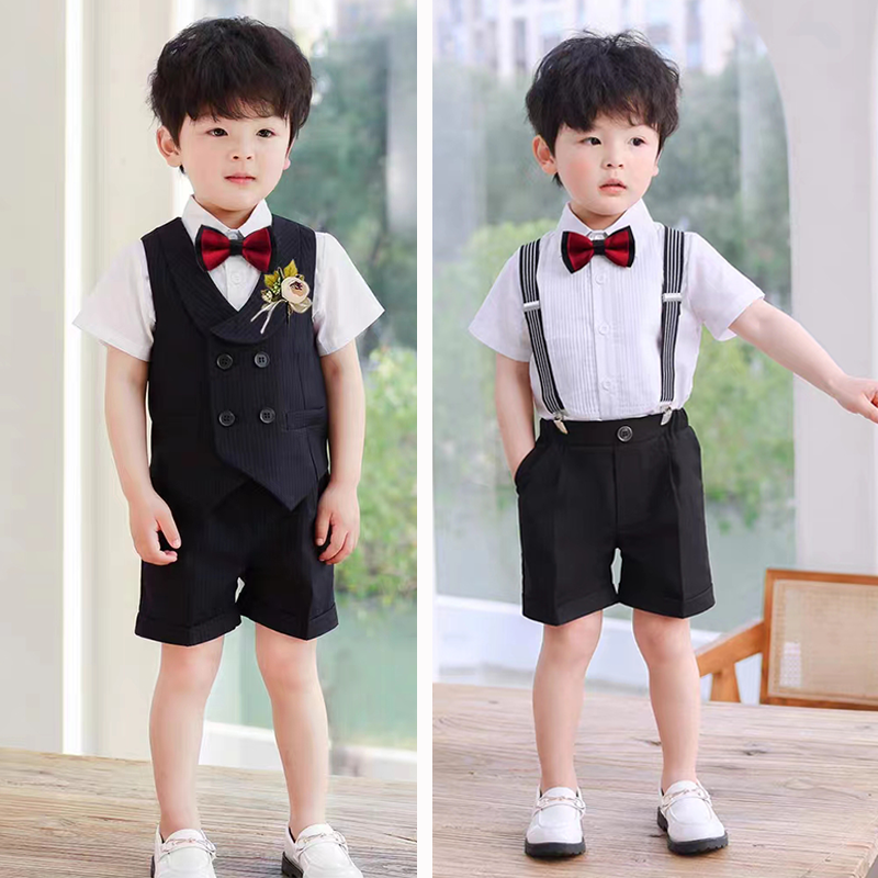 夏季新款男童礼服帅气条纹马甲宝宝周岁表演服套装韩版主持人儿童