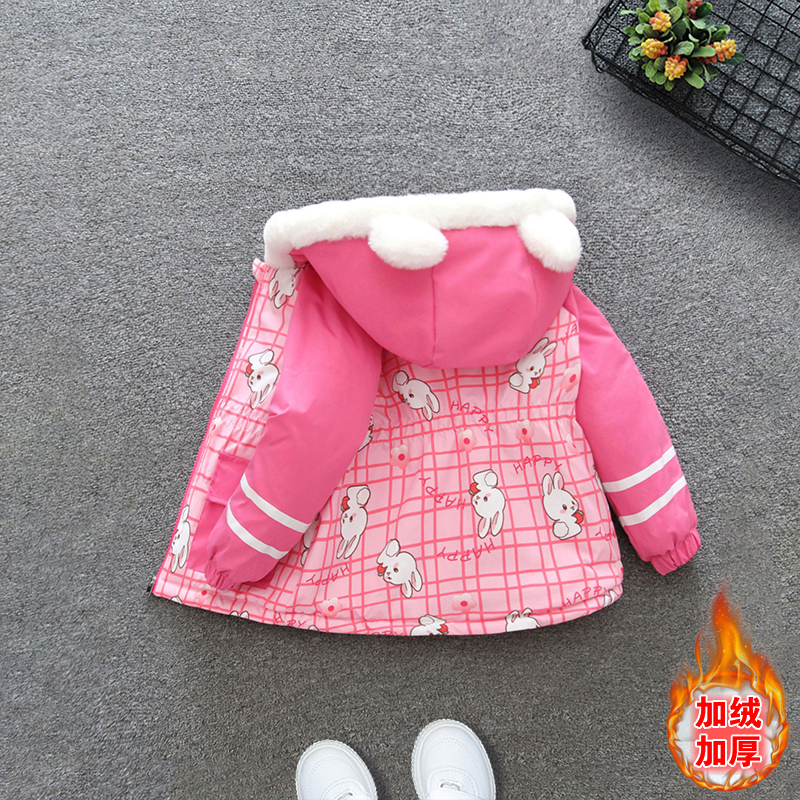 中小童女宝宝秋冬洋气兔子格子满印加绒加厚连帽风衣外套男童棉衣